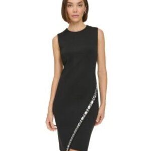 Tommy Hilfiger Womens Black Sleeveless Sheath Dress W/ Rhinestone Embellishment